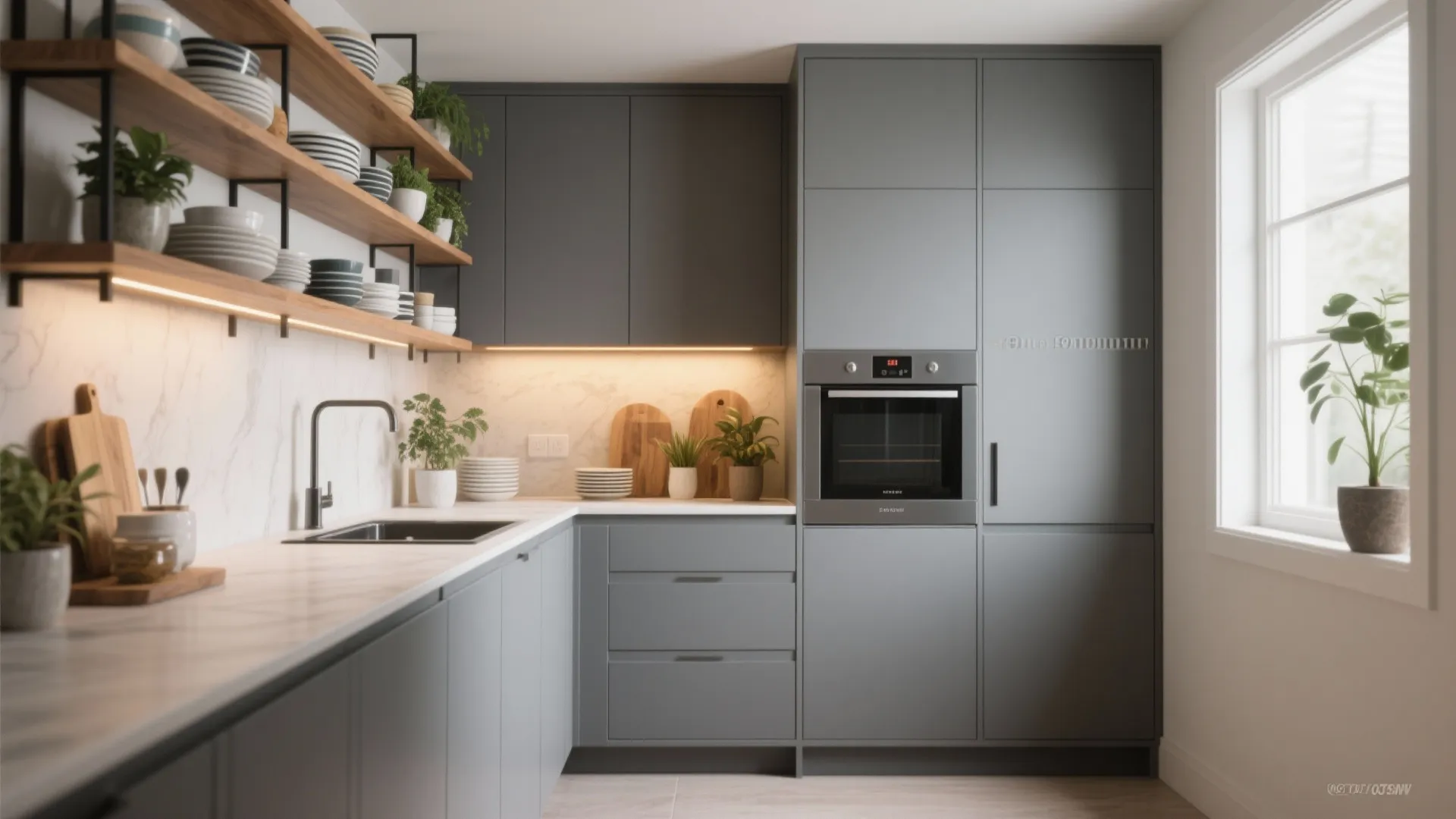 5. Mix Flat Formica Doors with Open Shelving