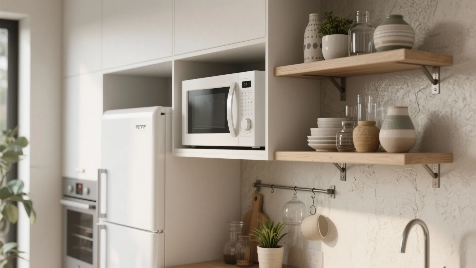 Floating open shelves styled around a white microwave and refrigerator niche for visual depth and accessibility.