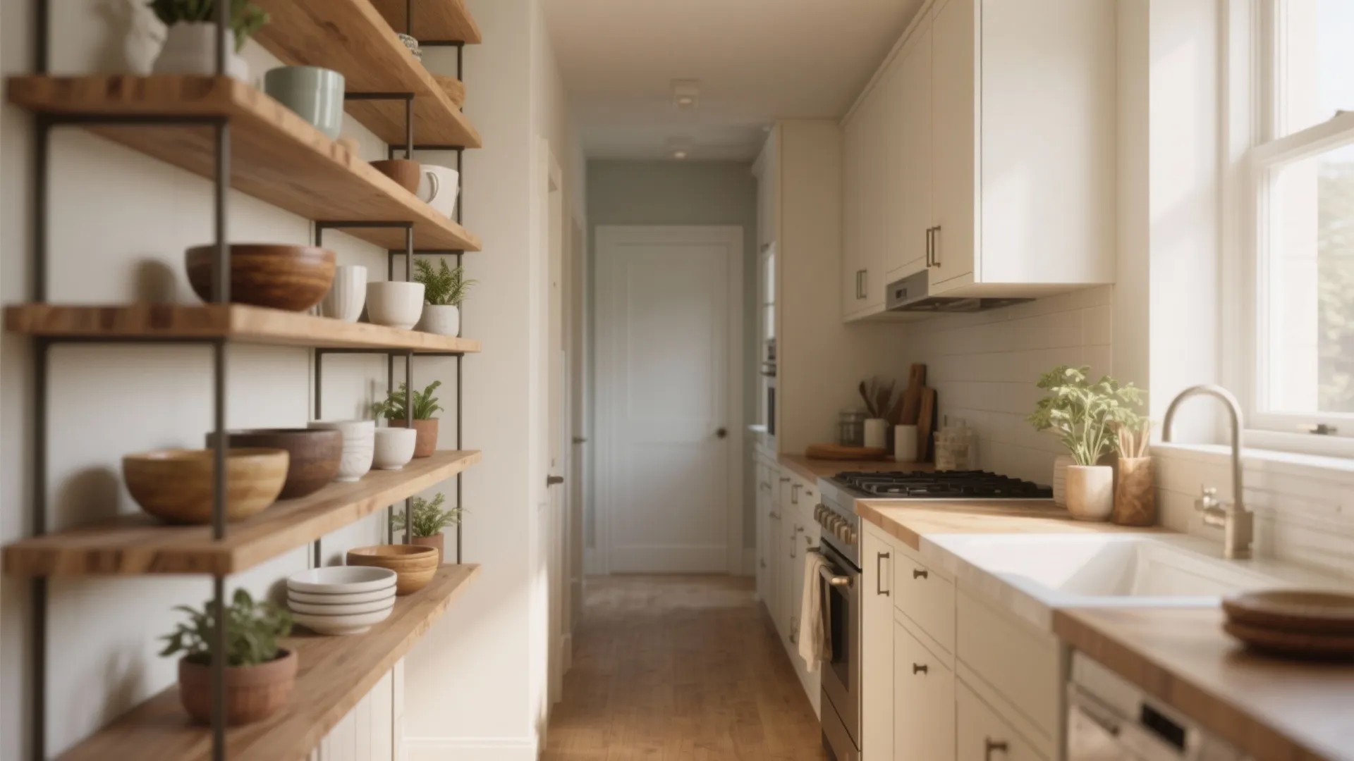 2. Open shelving on one side for visual relief