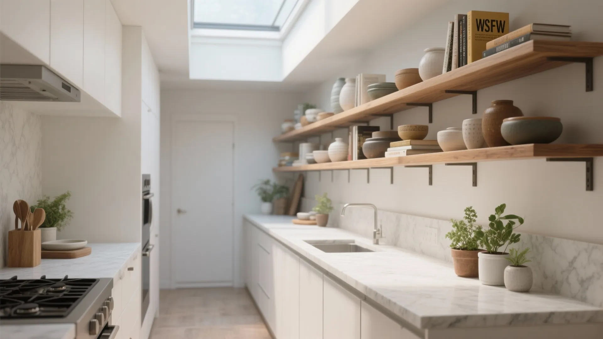 Galley kitchen showing linear open wood shelving and a continuous pale quartz countertop with neat styling.