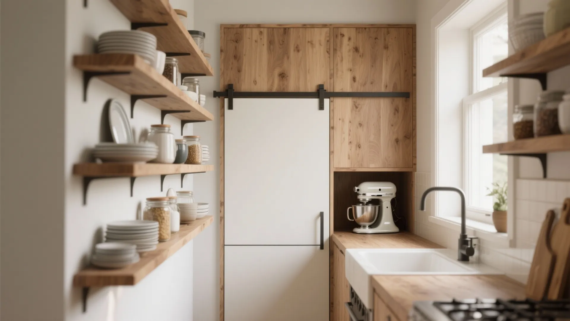 1. Open shelving plus a hidden appliance garage
