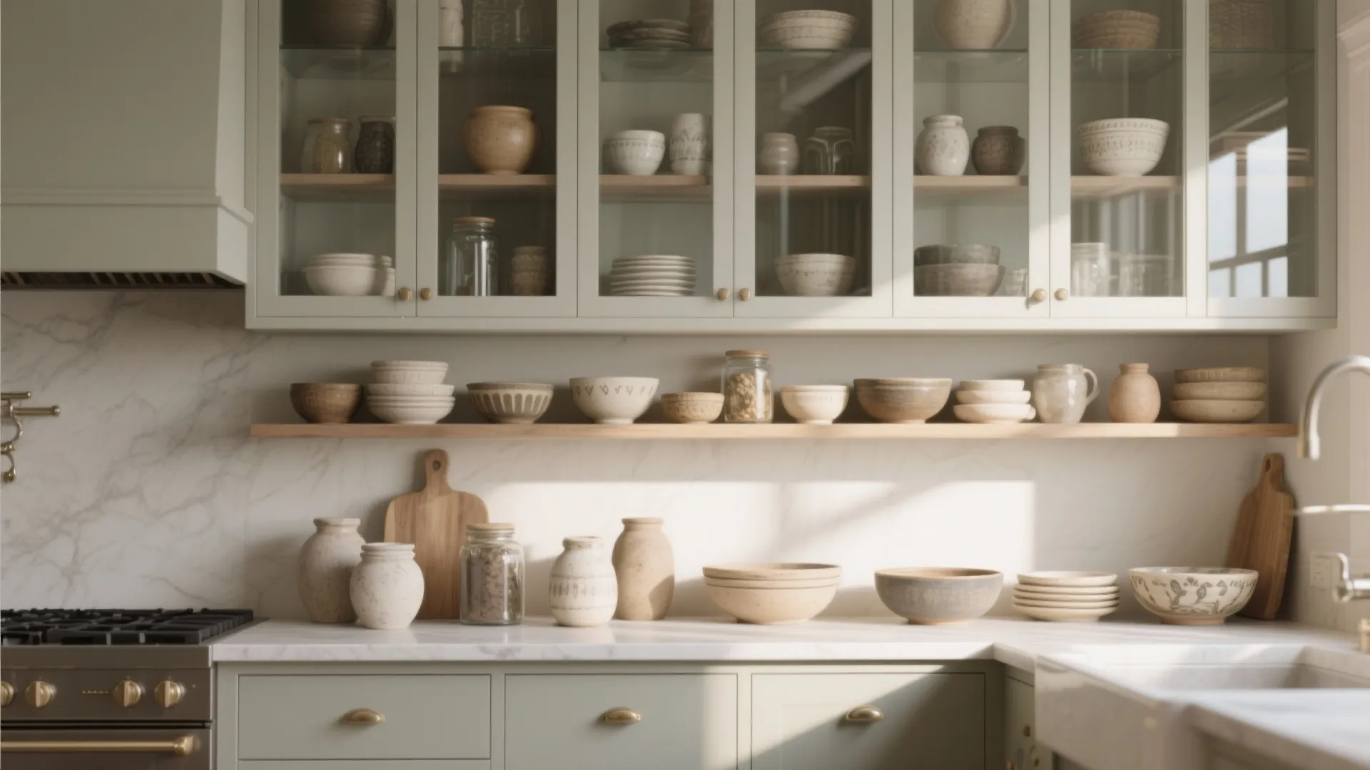 2. Open shelving with glass-front uppers