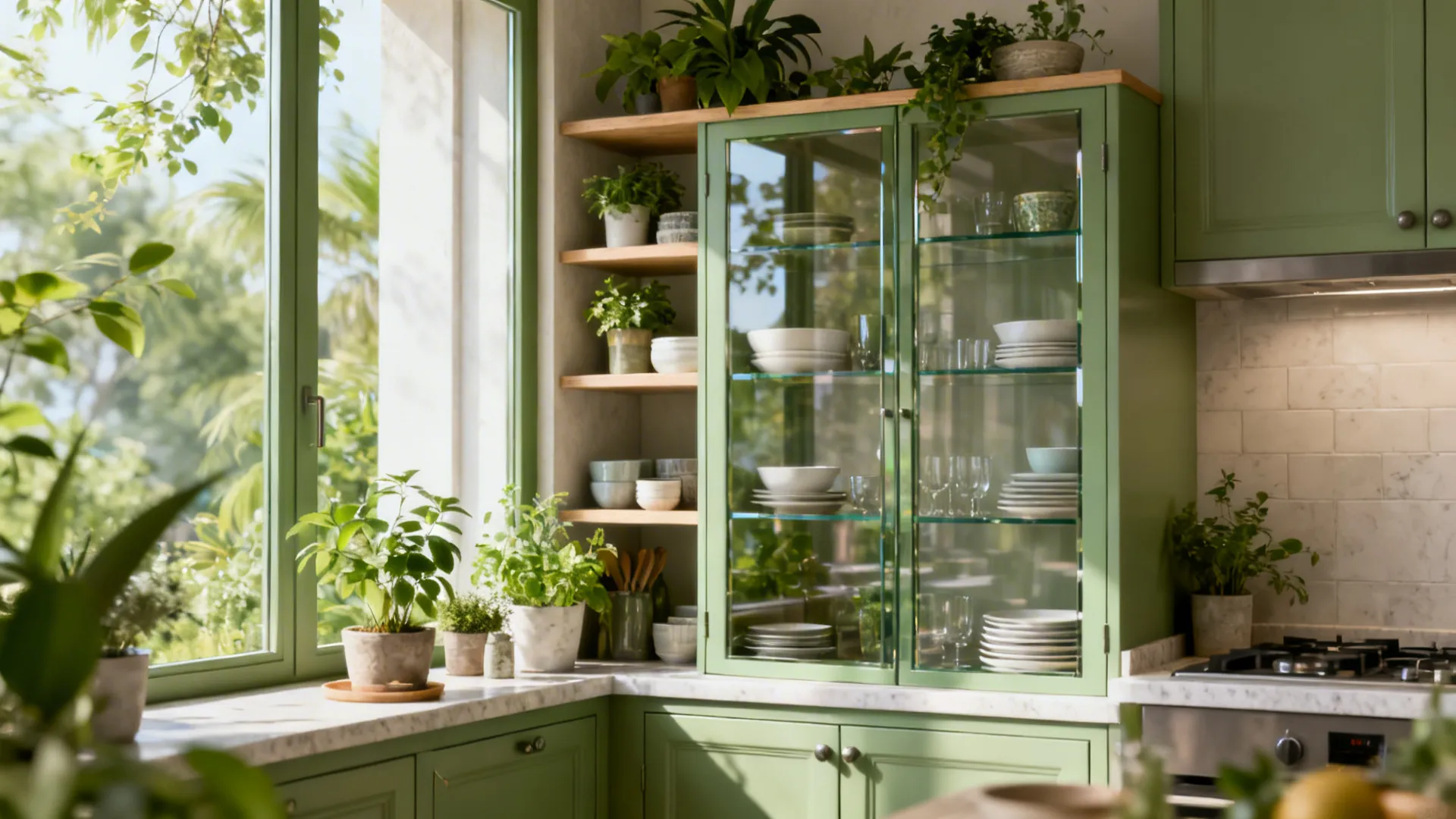 Green kitchen featuring glass cabinet doors, open wooden shelves, potted plants, and natural light from window