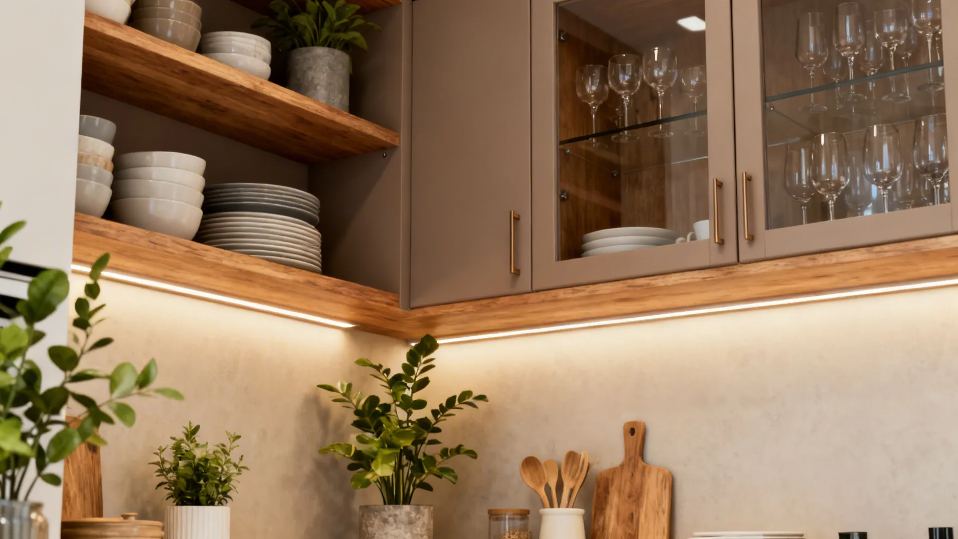 Styled open shelves and glass-front cabinets displaying neat dishware in an open kitchen.