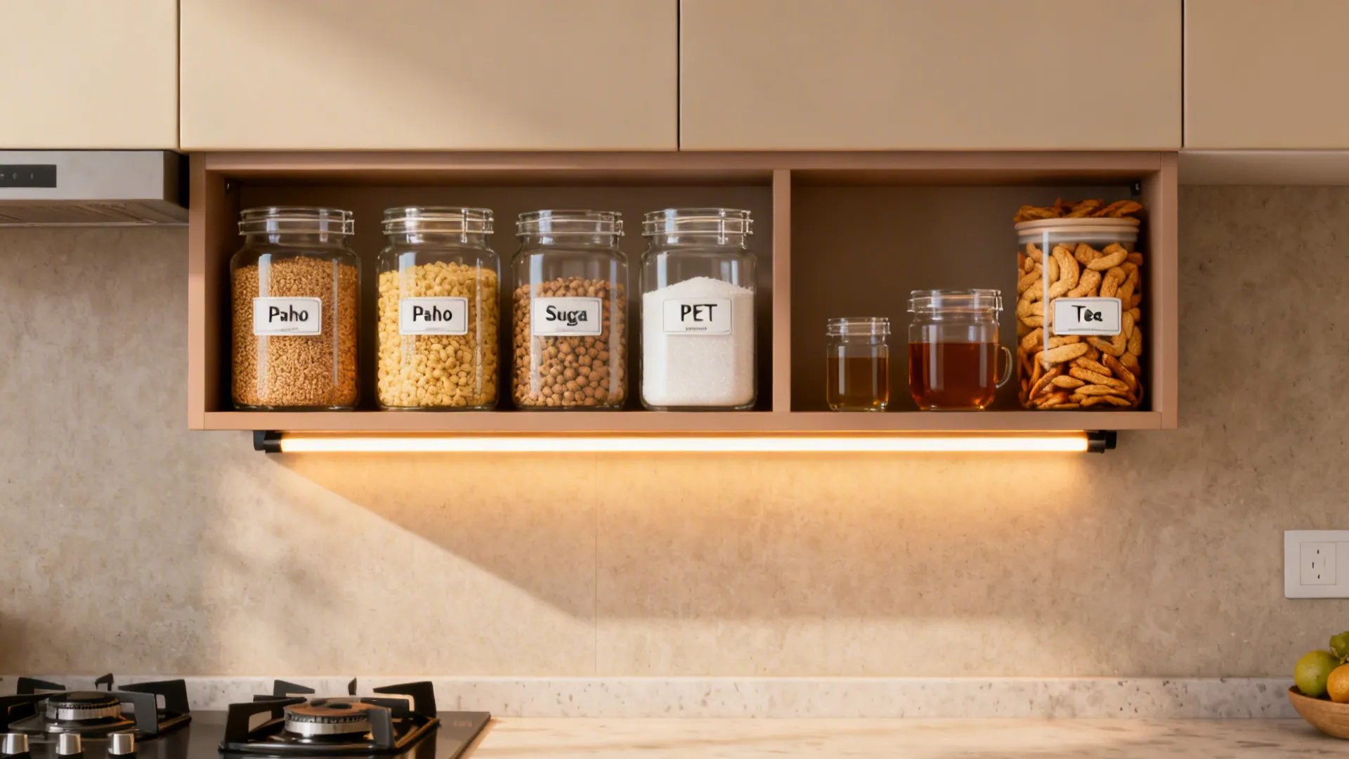 Open kitchen wall shelves with labeled glass jars containing food under a warm light fixture