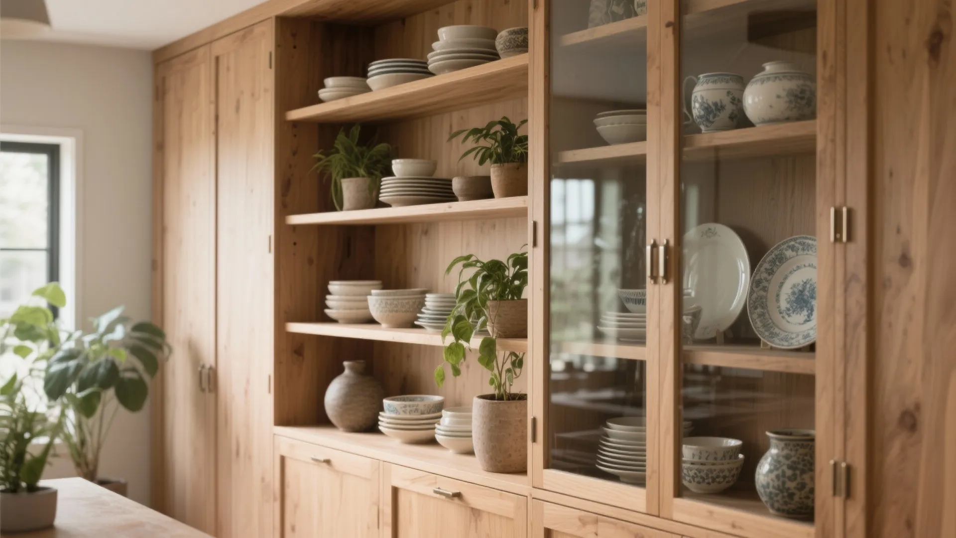2. Mixed Open Shelves and Glass Cabinets
