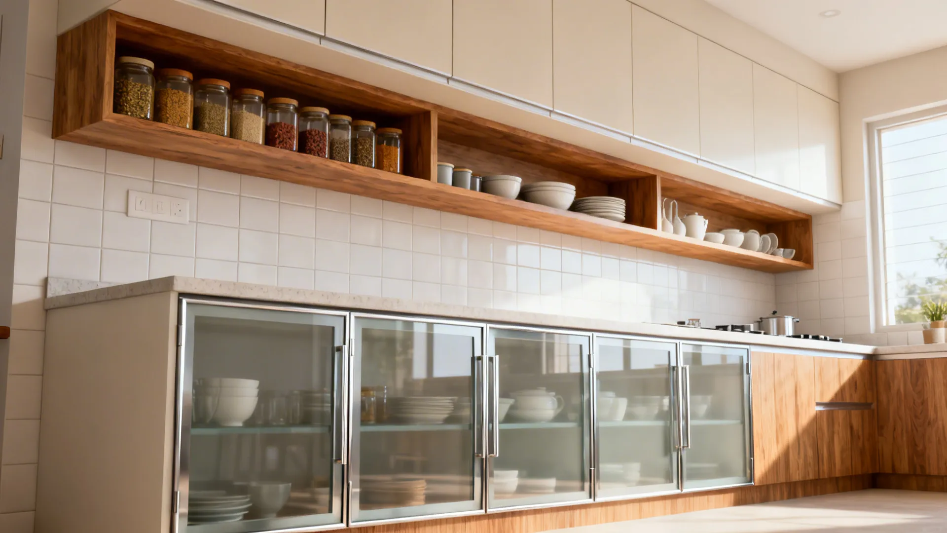 Open shelves with framed glass doors on key zones