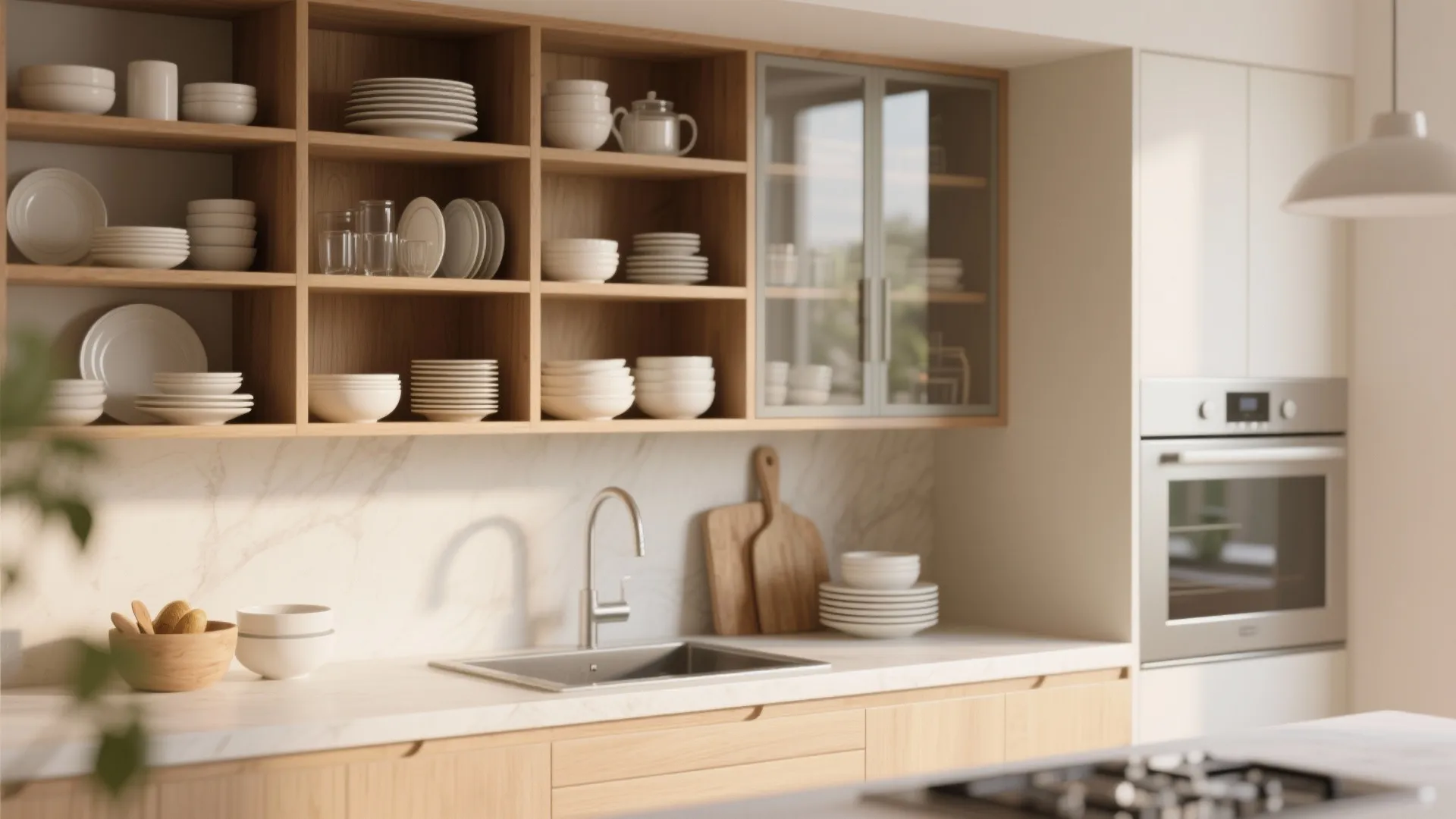 1. Open Shelving With Glass Accents