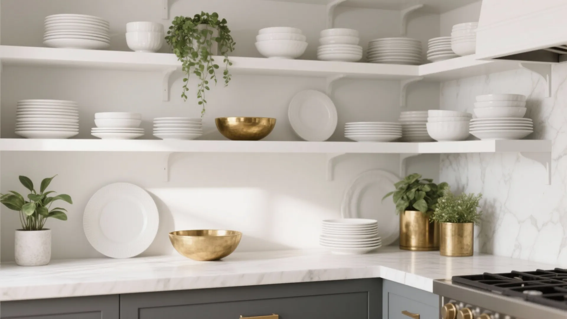 3. Open shelving with mixed metallic accents