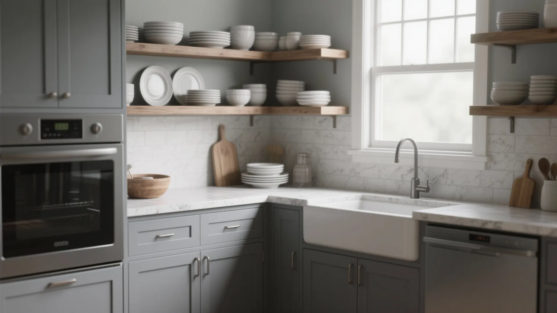 4. Open shelving mixed with grey shaker lowers