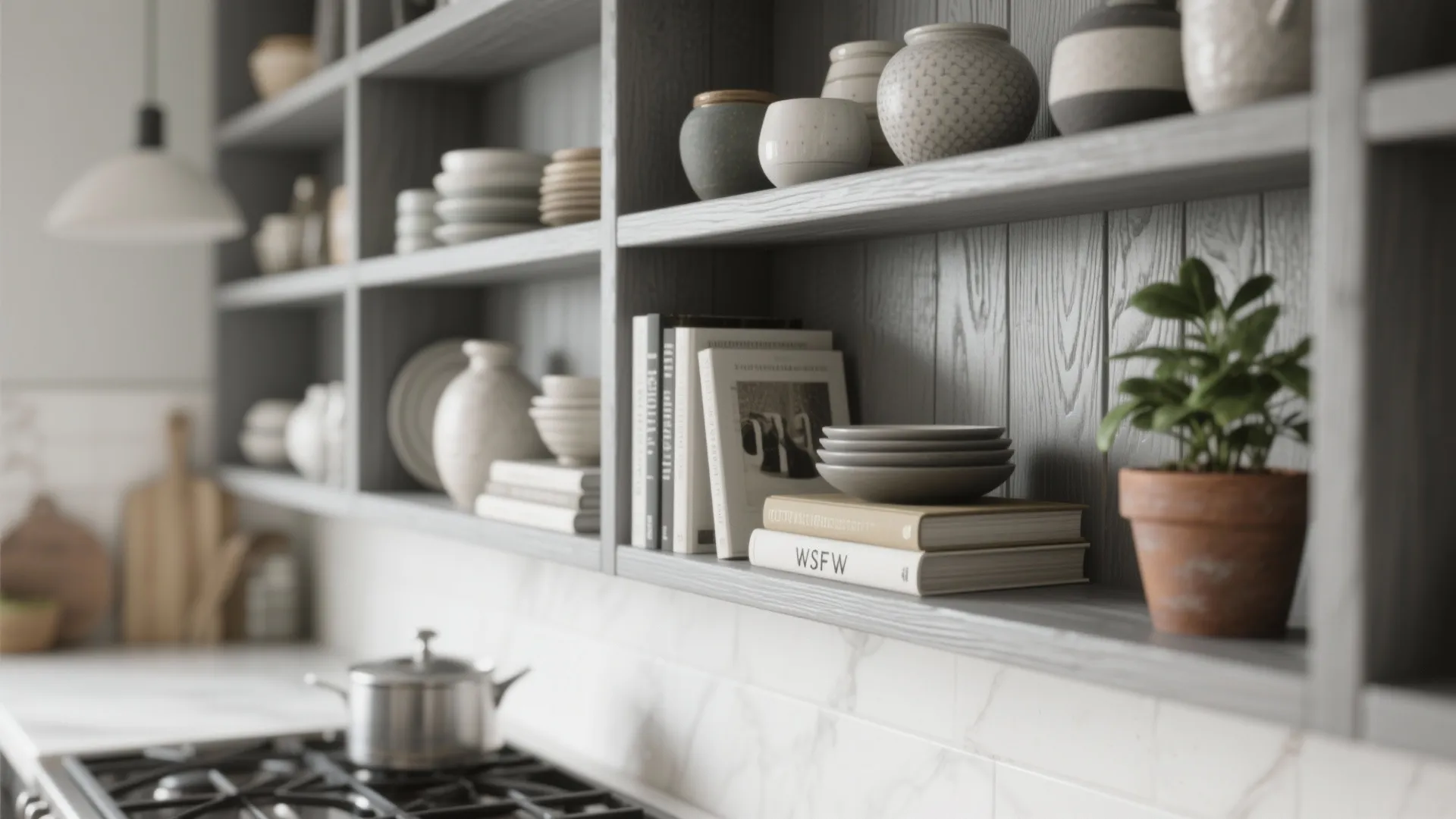 2. Open Shelving with Grey Wood Accents