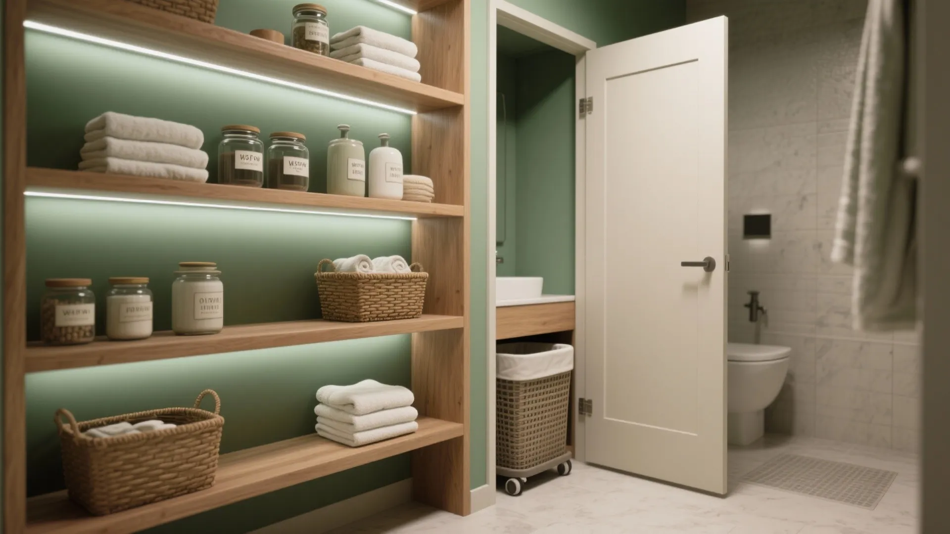 3. Open shelving plus hidden hamper bay