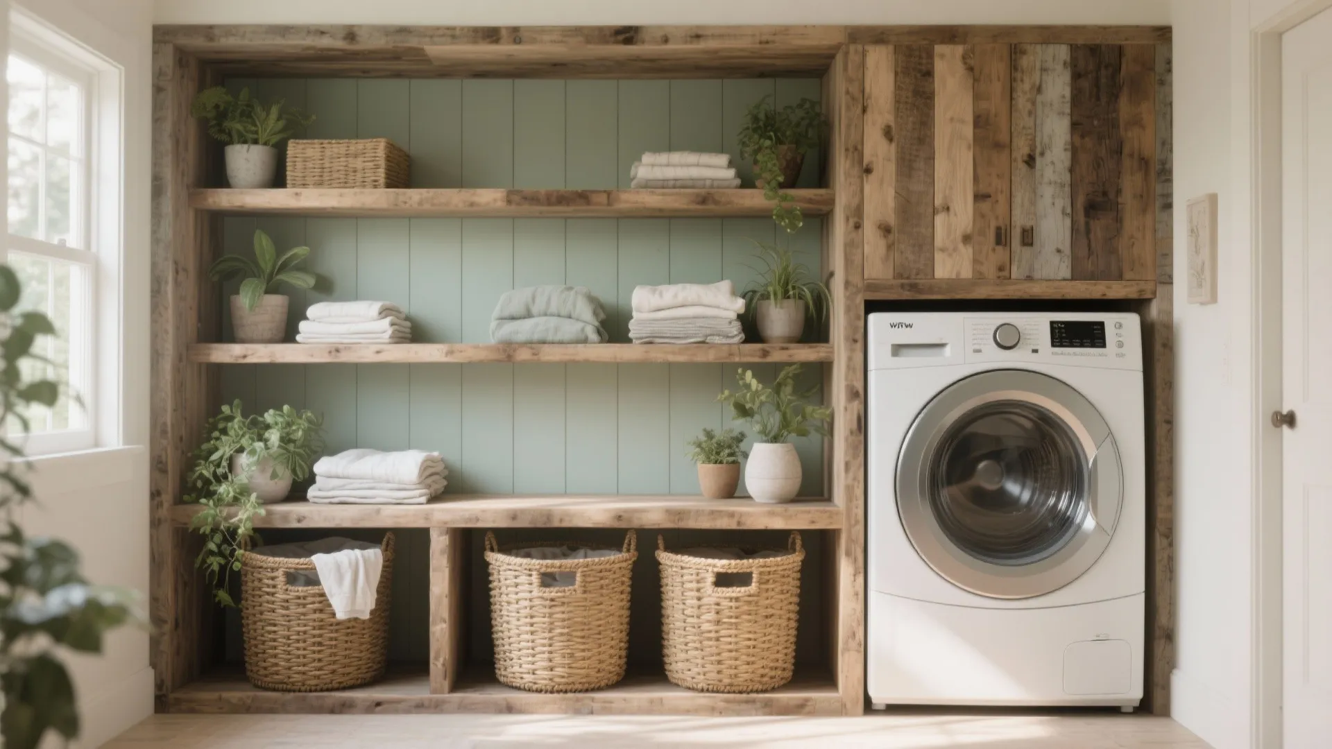 Rustic laundry room with wooden shelving white washing machine green wall panels and woven baskets