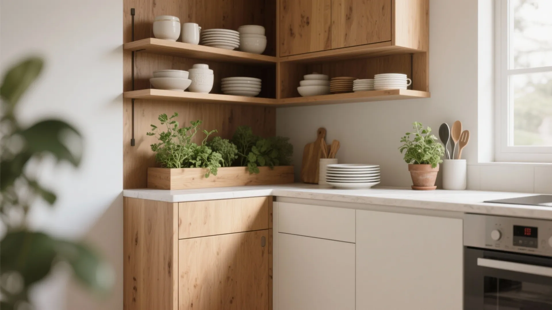 Modern kitchen corner with light wood open shelves, white dishes, green plants, and white cabinets