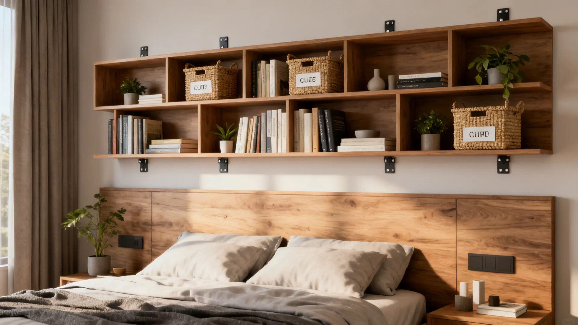 Headboard with wall-mounted open shelves holding books, baskets and plants.