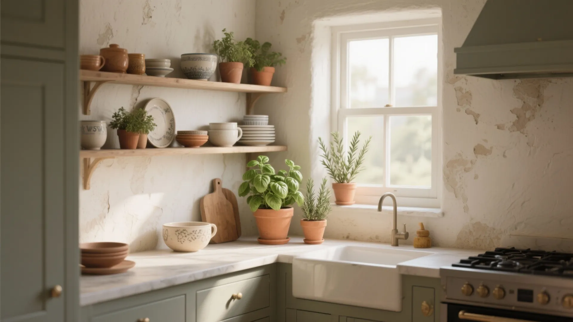 4. Open Shelving, Herb Nooks, and Textured Plaster