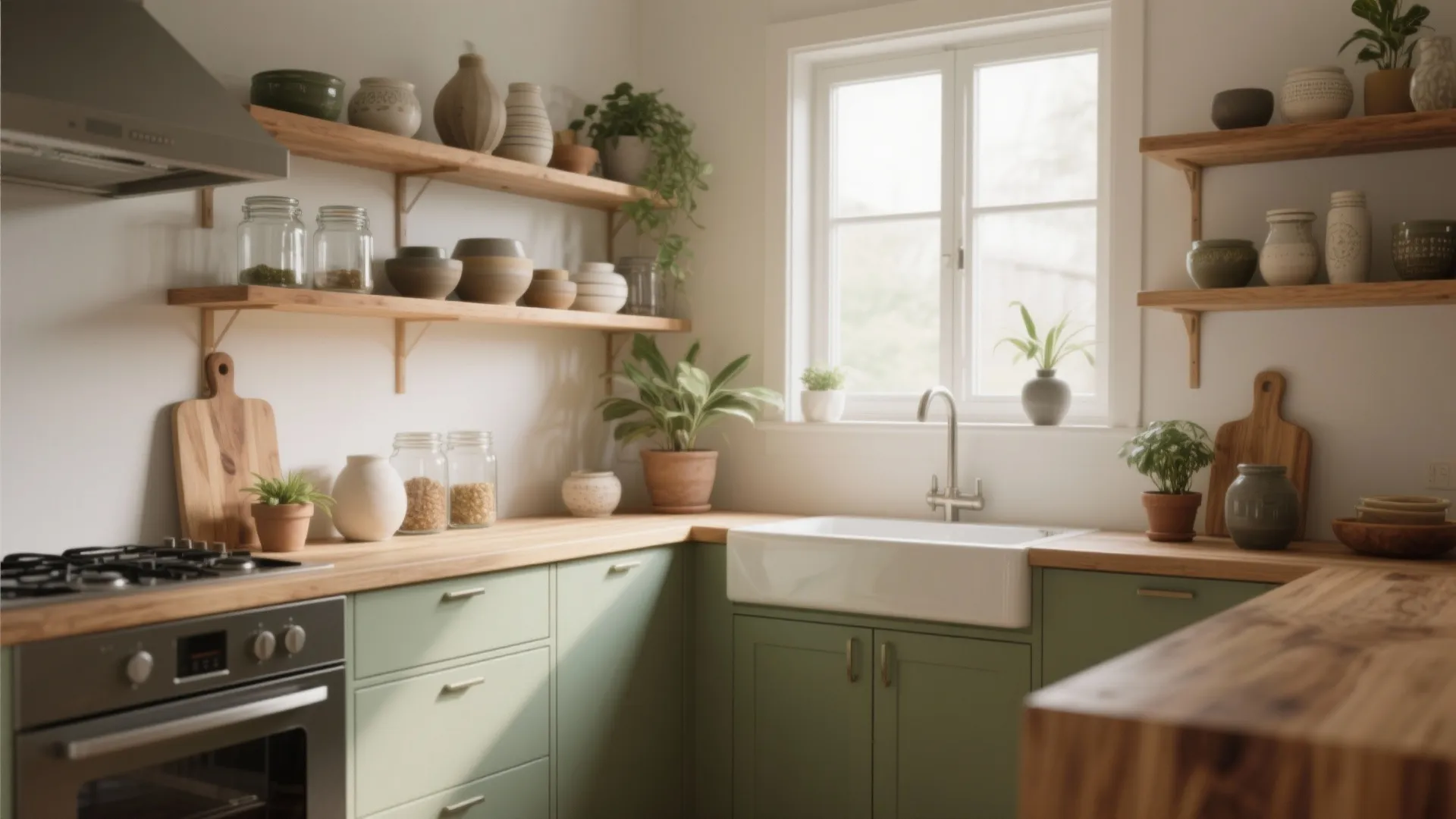 Modern green kitchen with wooden wall shelves holding various ceramic bowls pots and small plants