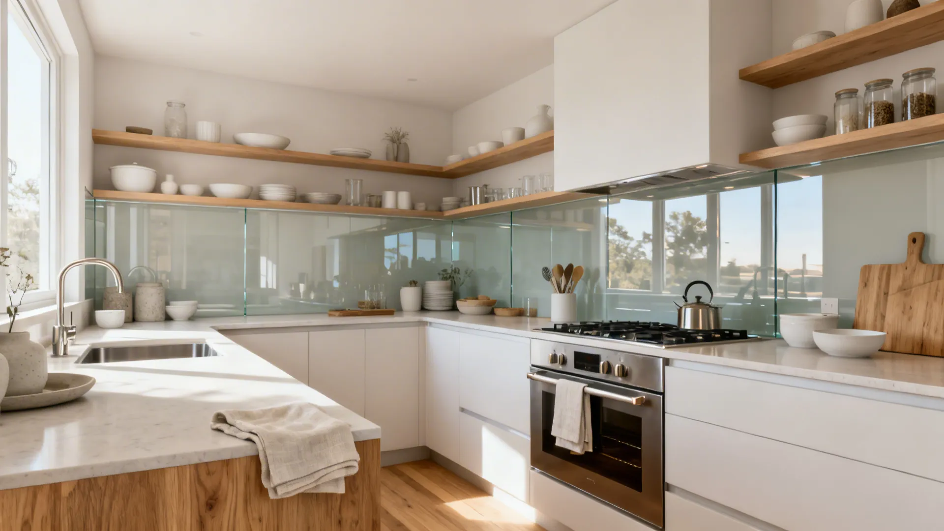 Bright kitchen with white cabinets wooden open shelves glass backsplash stainless steel stove and bright light
