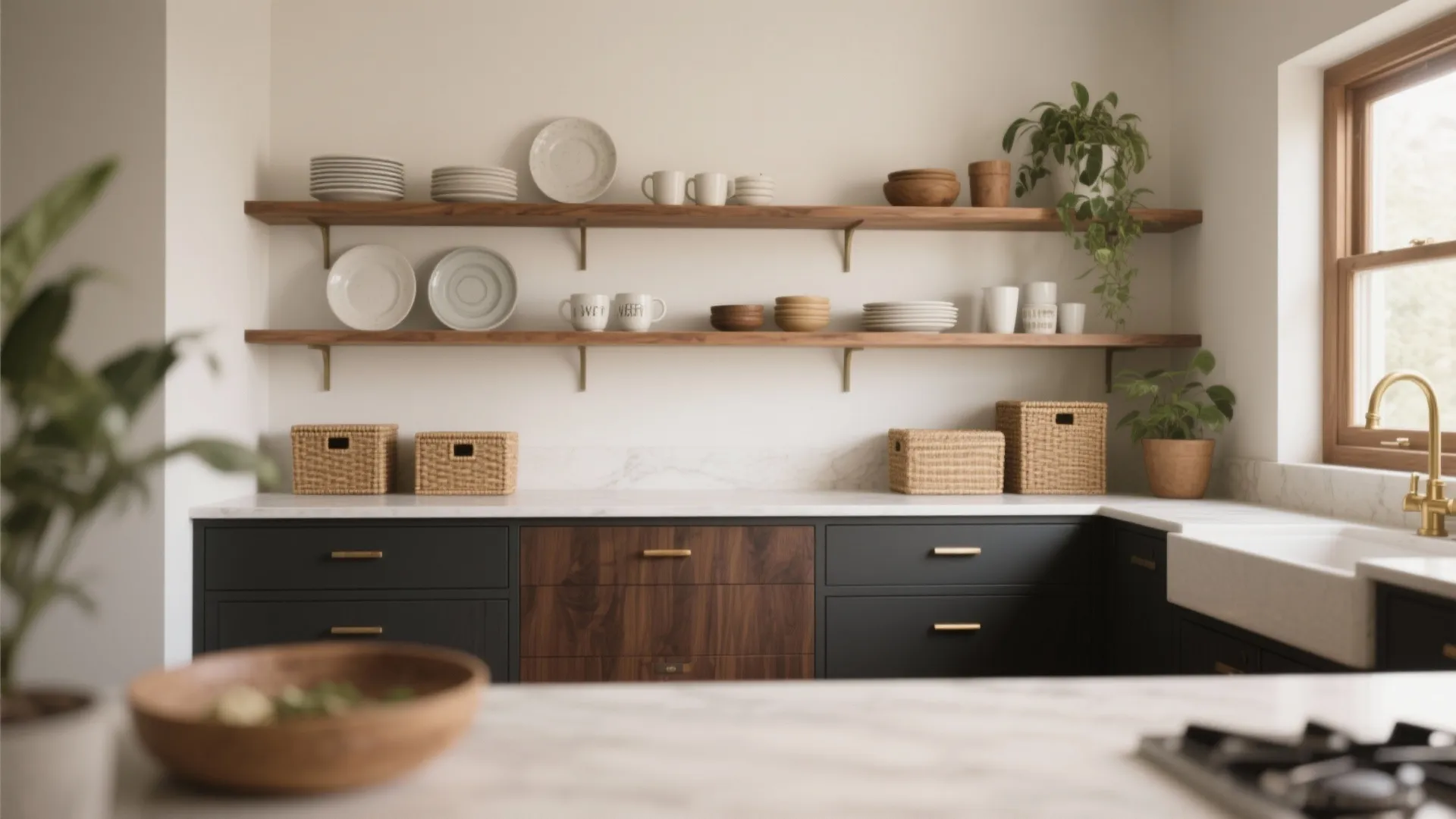 1. Open shelves paired with hidden drawers