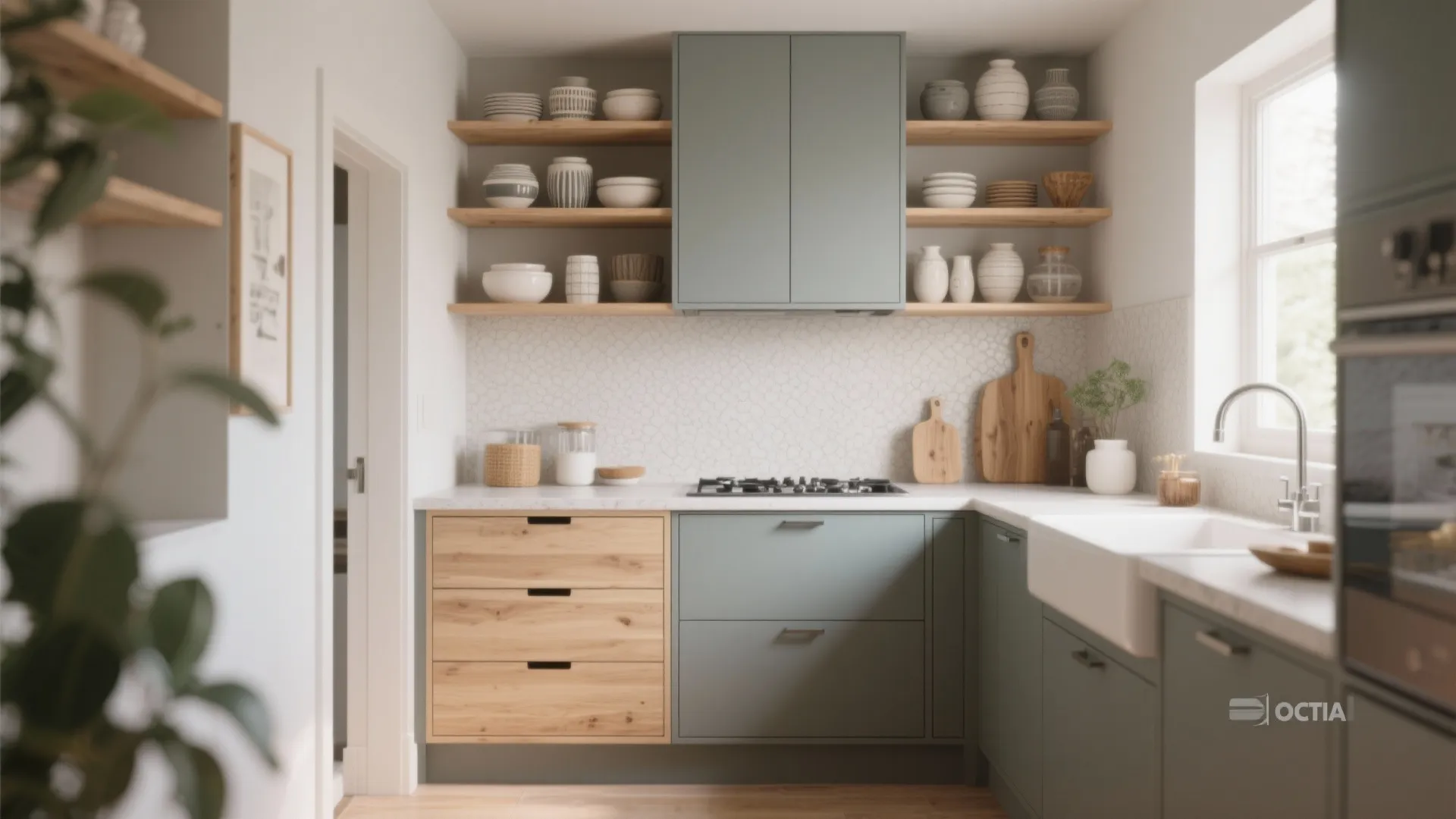 2. Open shelving plus hidden storage in the kitchen