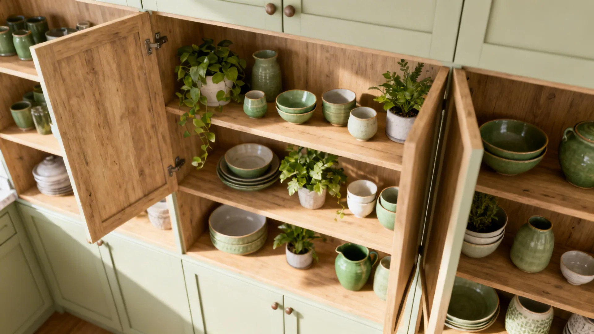 Open upper shelves with curated items above closed lower cabinets for hidden storage and a bright feel.