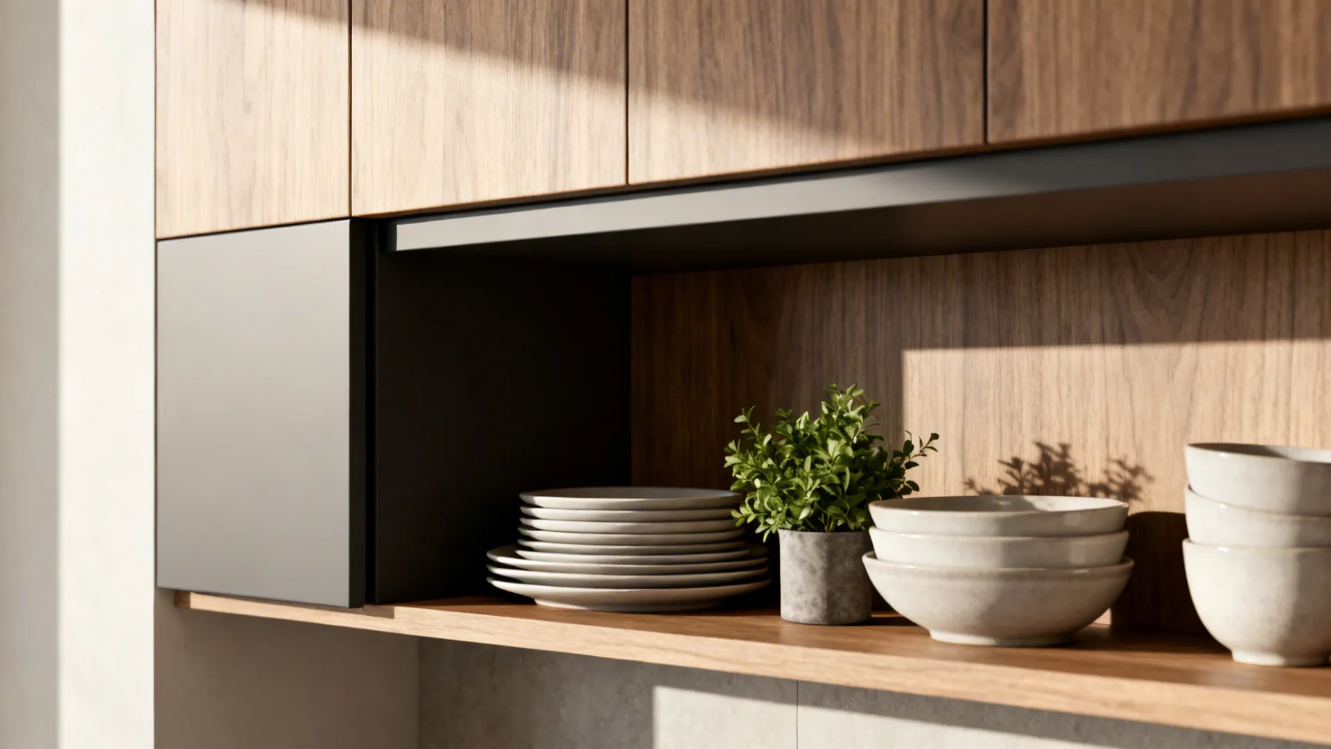 Styled open kitchen shelves with a concealed shallow upper cabinet above, showing neatly arranged dishes and a plant.