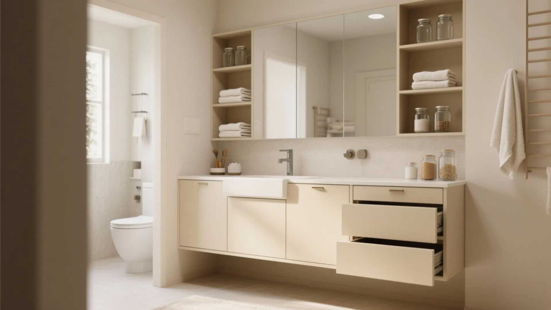 3. Cream cabinets with open shelving and hidden drawers