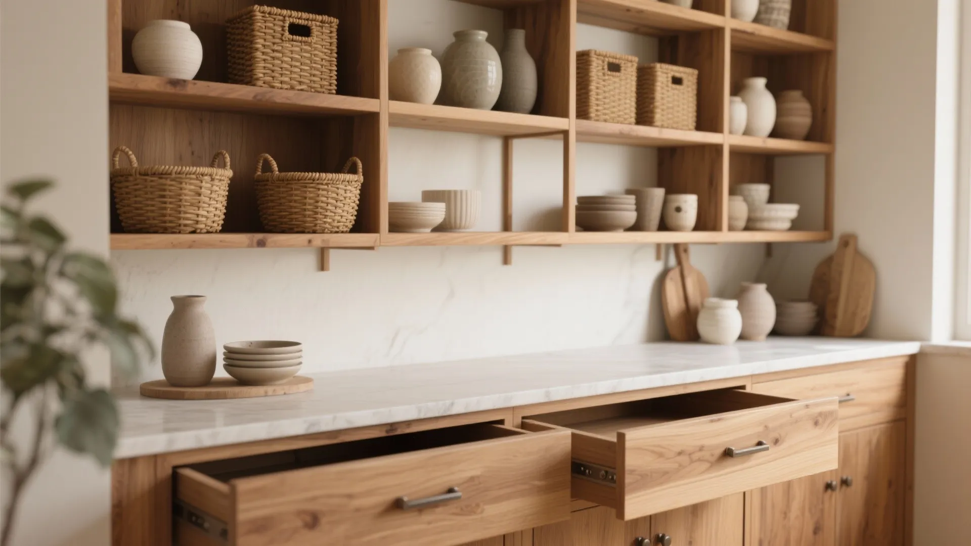 1. Open shelving with hidden storage