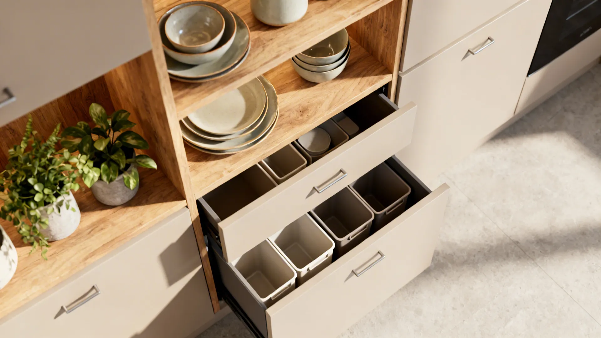 Open shelves above with pull-out drawers and a hidden pantry showcasing tidy, accessible storage.