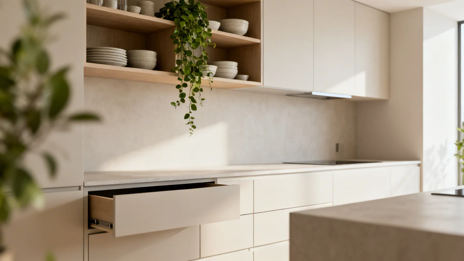 Open upper shelves with styled dishes and hidden lower drawers keeping the kitchen tidy