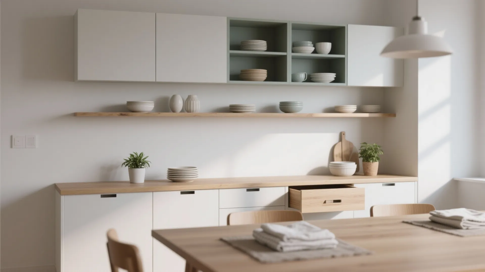 2. Open Shelving + Lower Cabinets (Airy and Practical)