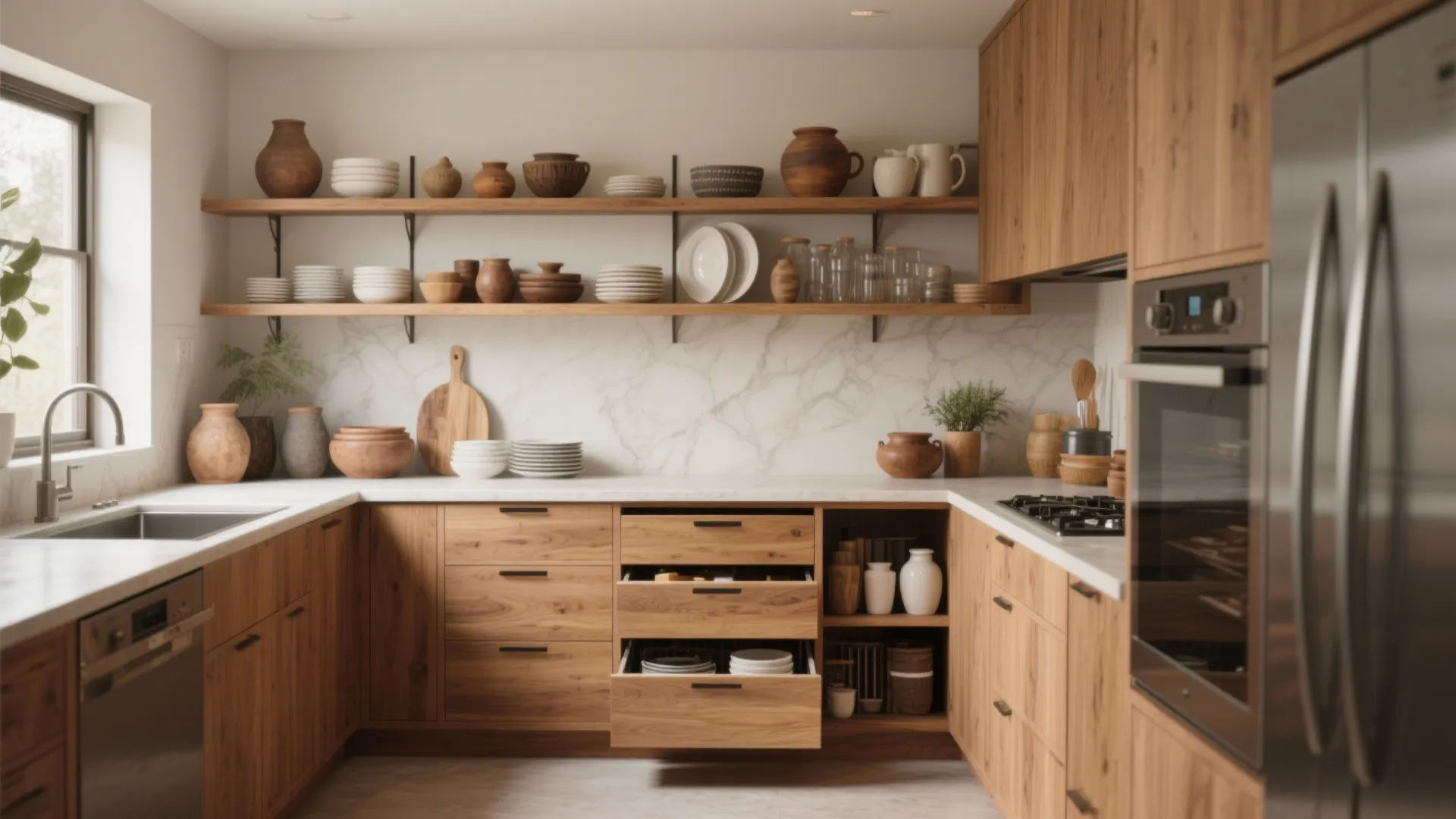 3. Open Shelving + Hidden Storage Hybrid