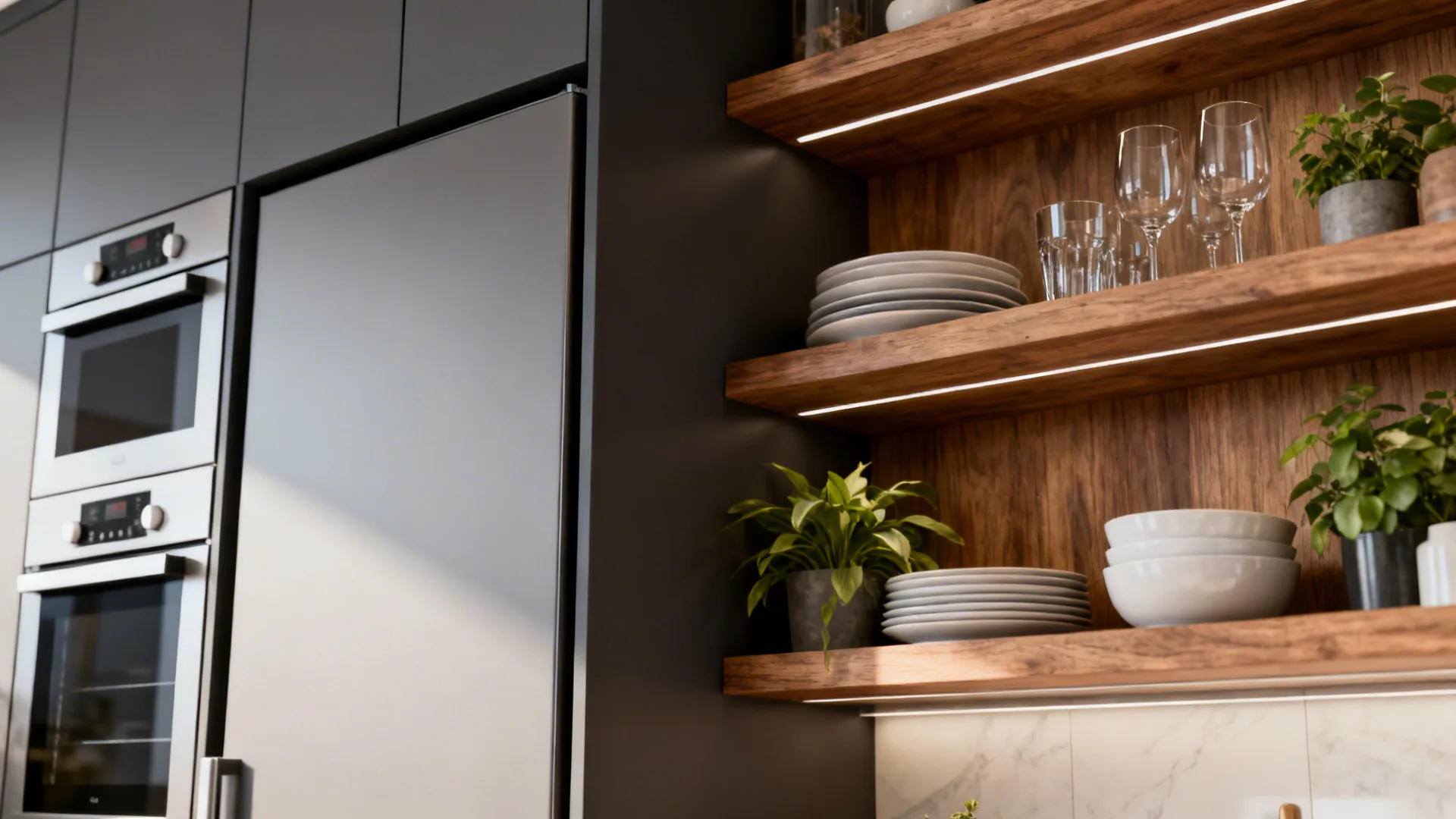 Open shelves with styled dishes next to integrated panel-ready appliances and matte cabinetry.