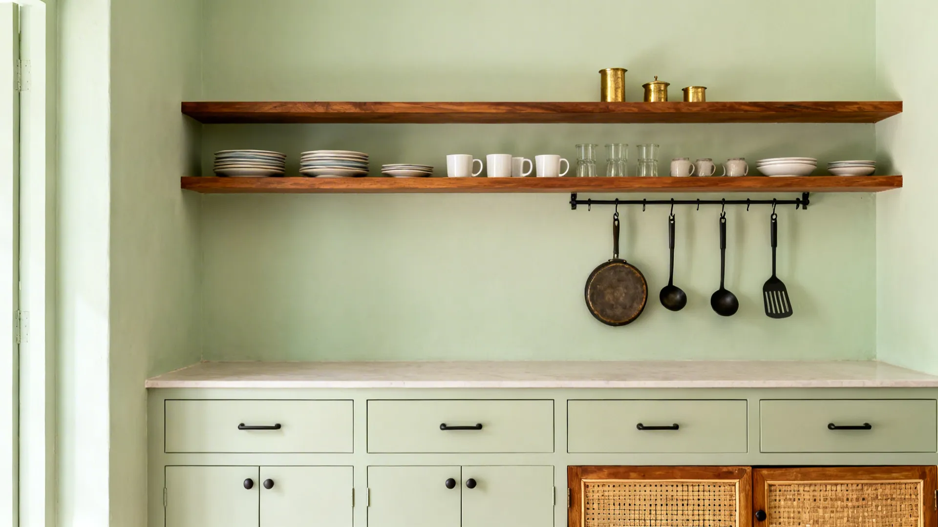 Open wood shelves above with dailyware and closed drawers below in an airy Kerala kitchen setup.