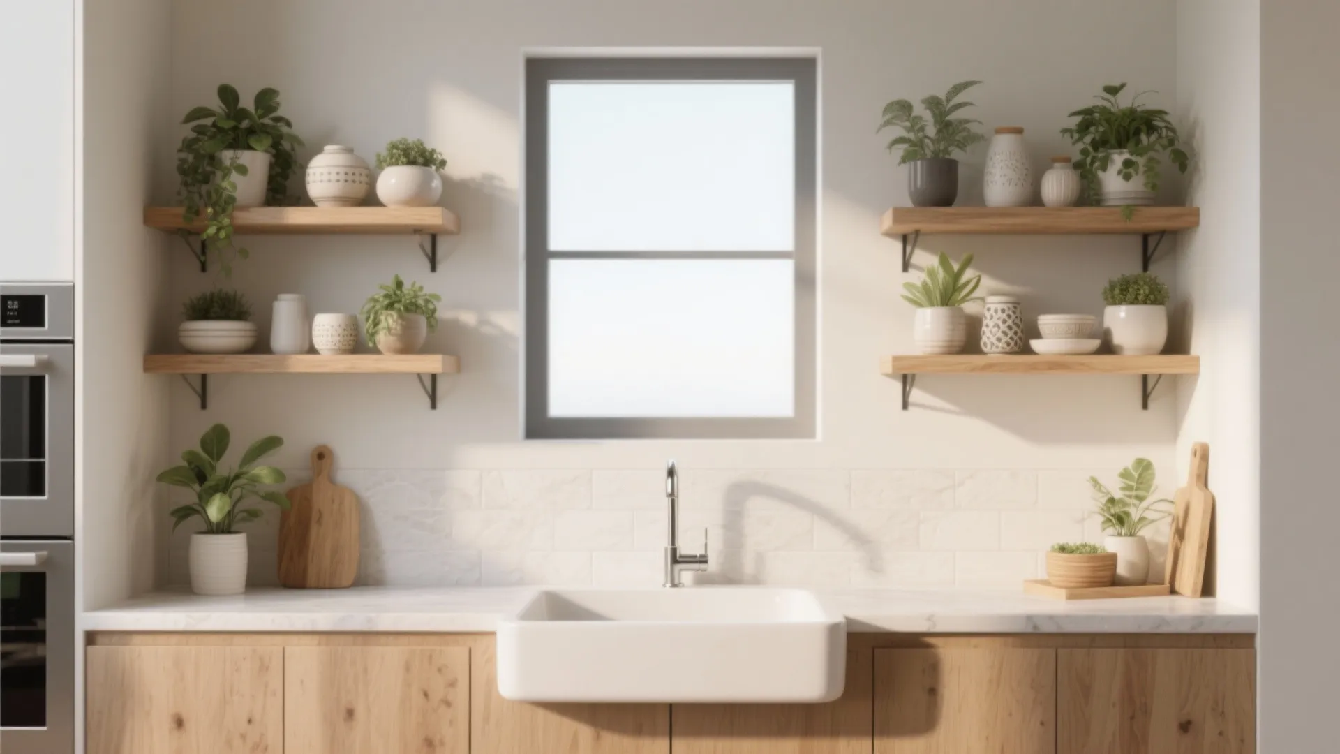 Modern kitchen with white sink wood cabinets open wall shelves holding green plants and ceramic jars