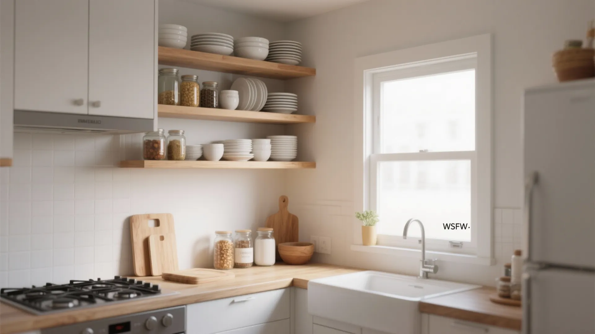 Modern kitchen with wooden open shelves holding white dishes beside a window and white sink