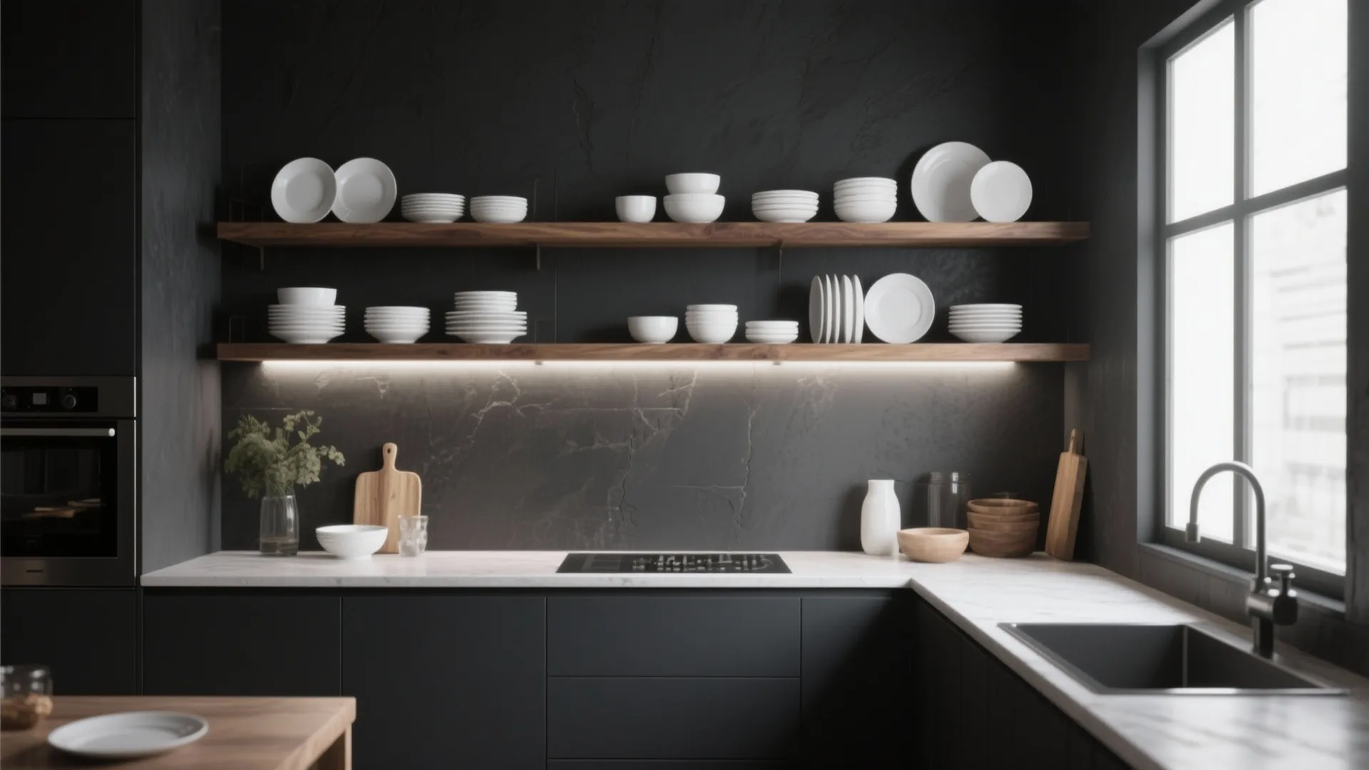 Black kitchen with open wooden shelves holding white dishes above a marble countertop and sink