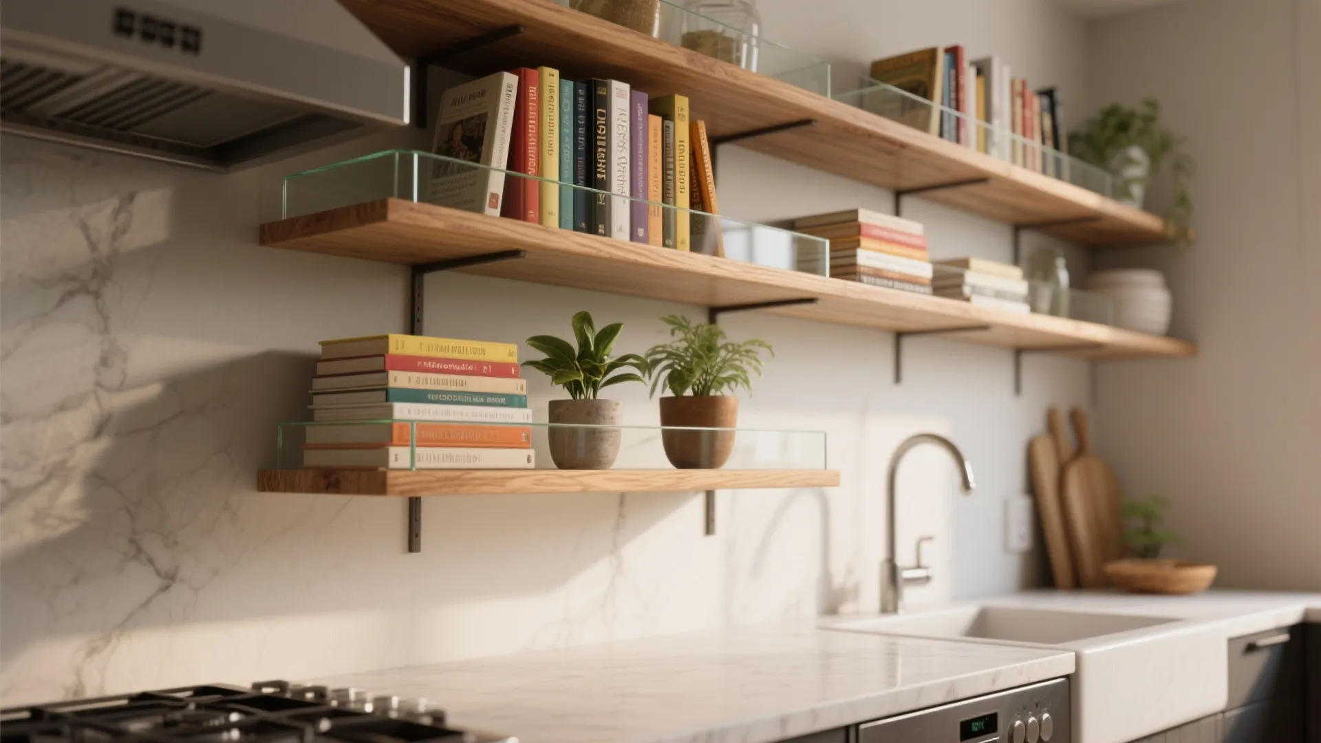 1. Open floating shelves curated for cookbooks