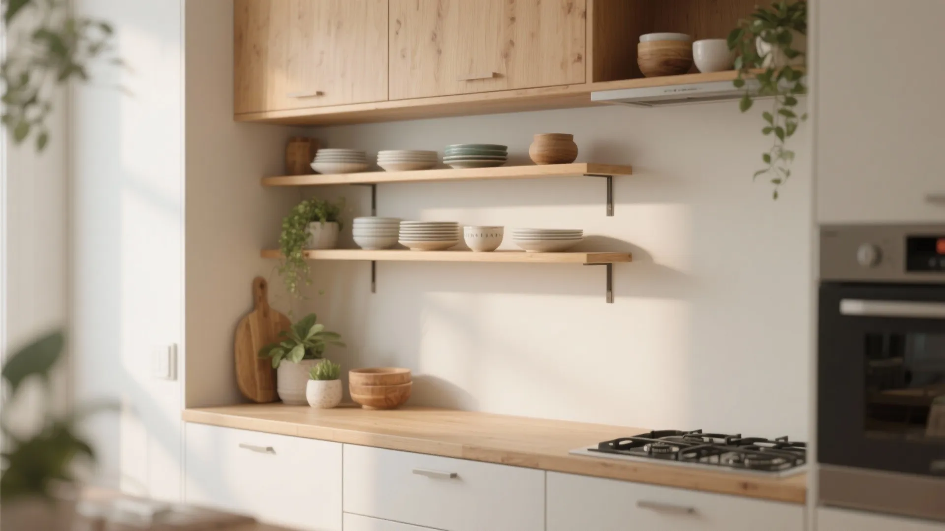 1. Open shelving instead of upper cabinets