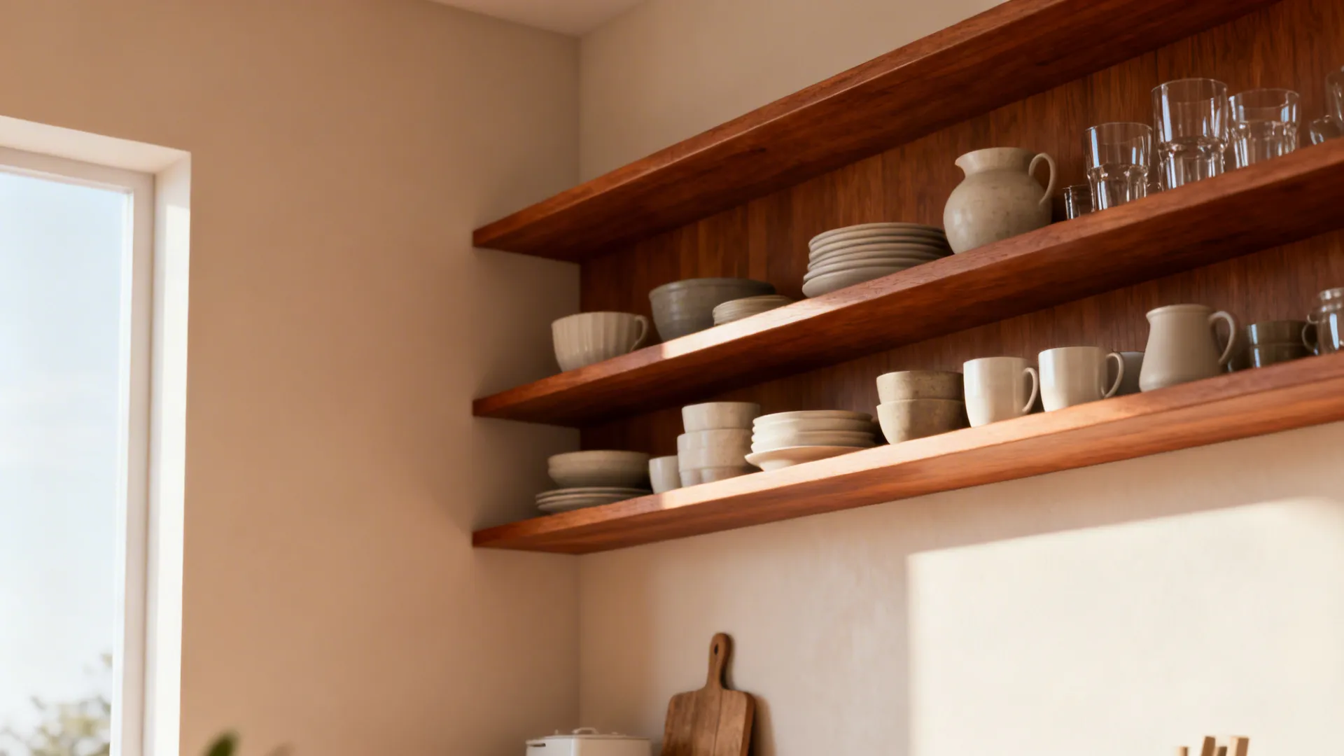 Breakfast nook with wooden open shelves replacing upper cabinets, tidy styled dishes and pale warm walls.