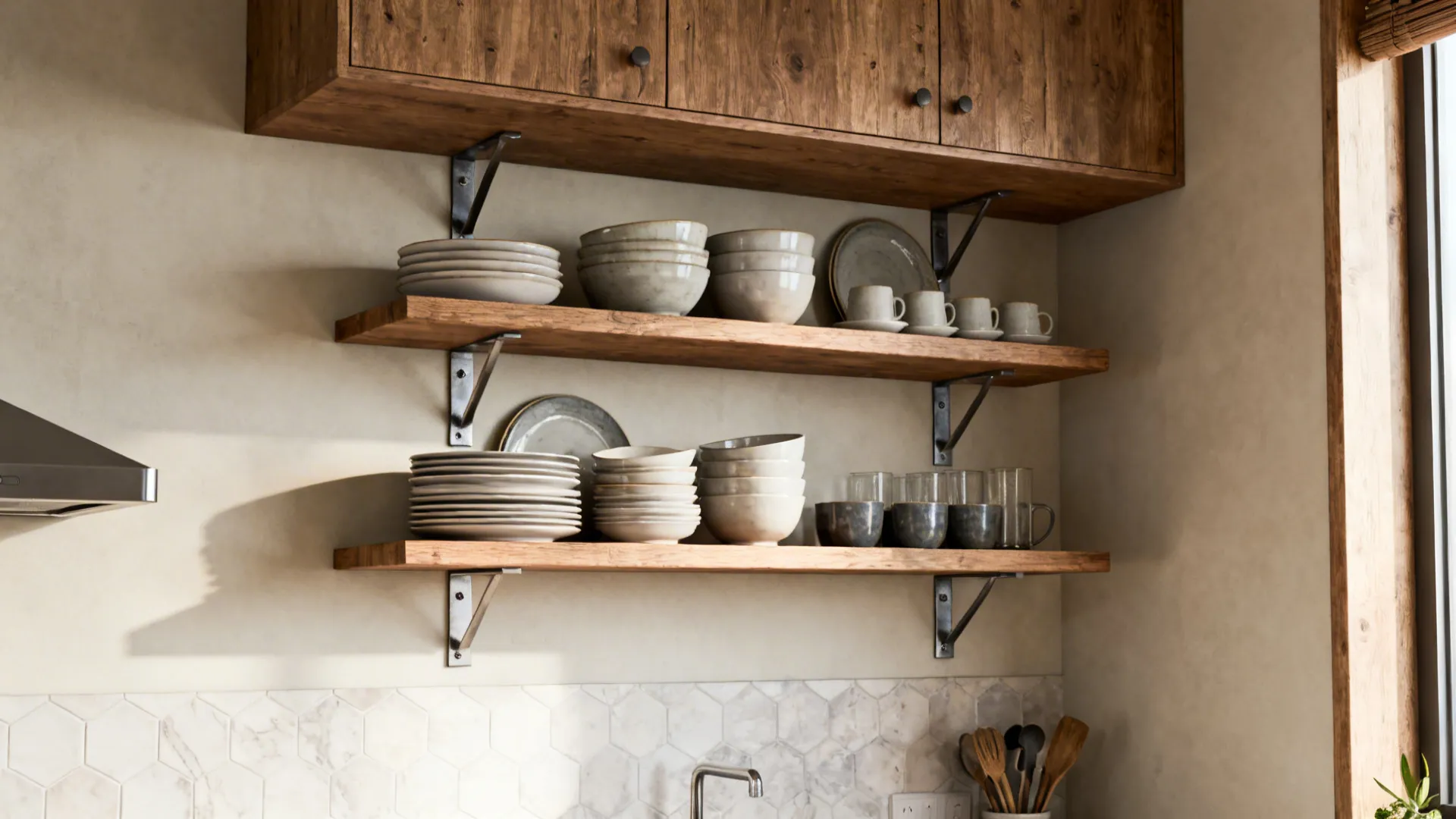 Small kitchen wall with floating wood shelves displaying tidy dishes and warm wood accents