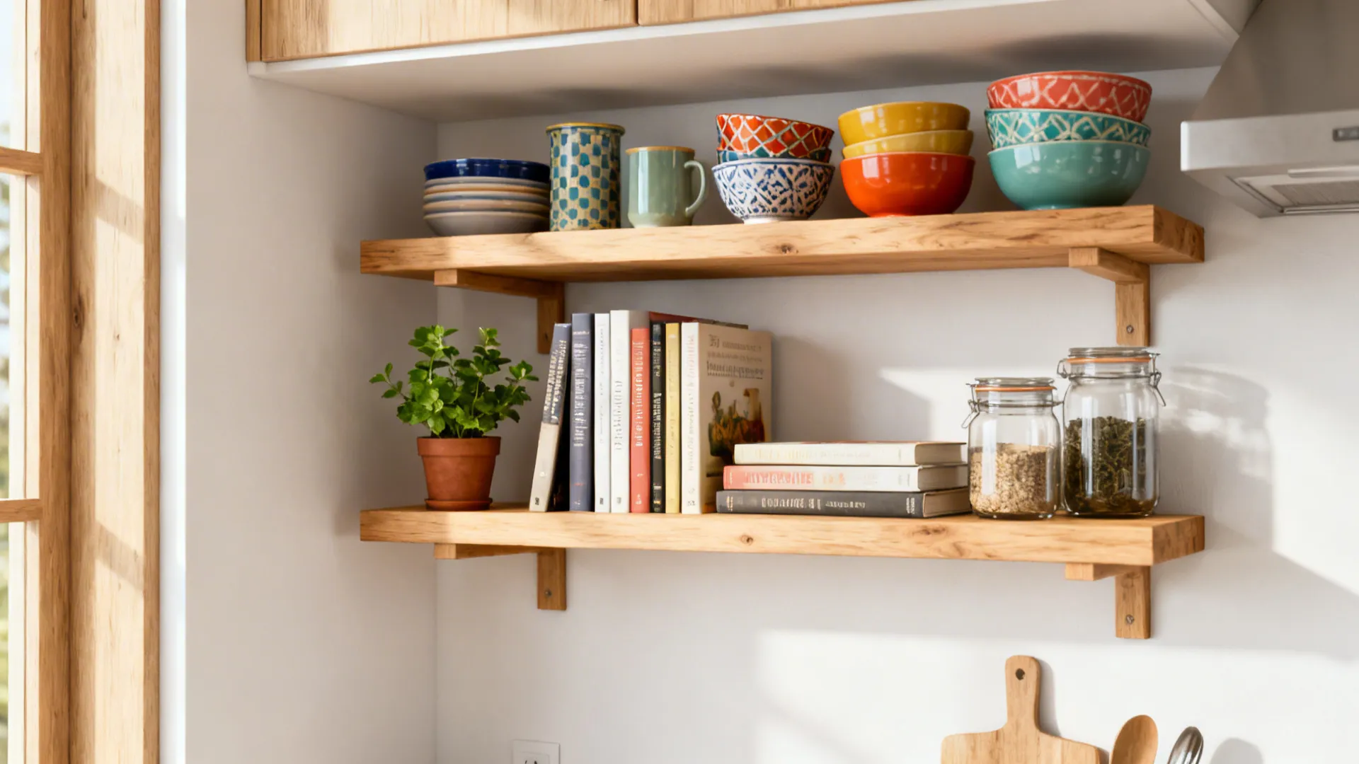 Open pine shelves in a small kitchen displaying ceramics, cookbooks and a potted herb