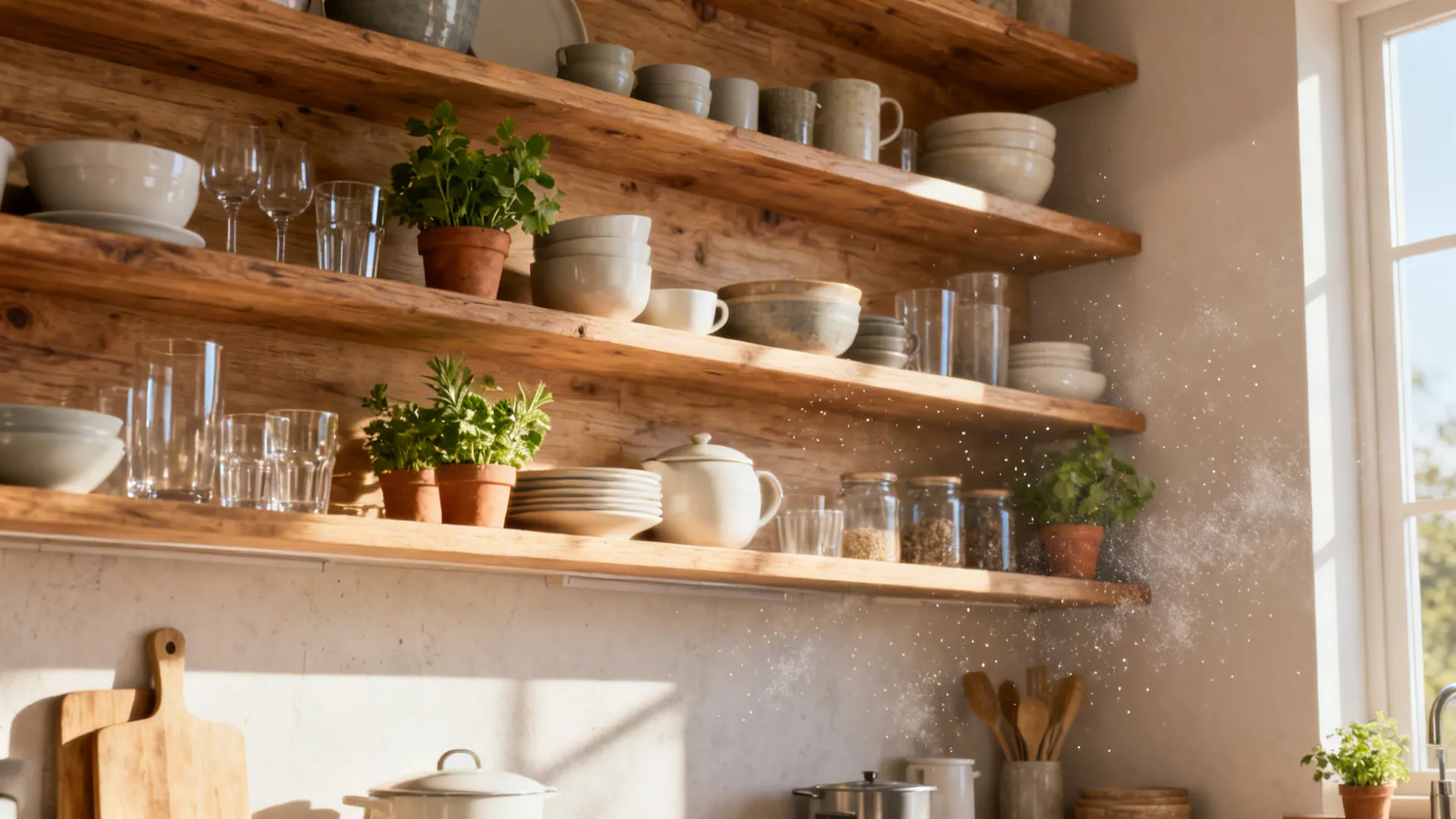 Small kitchen wall with staggered open wooden shelves displaying ceramics and plants