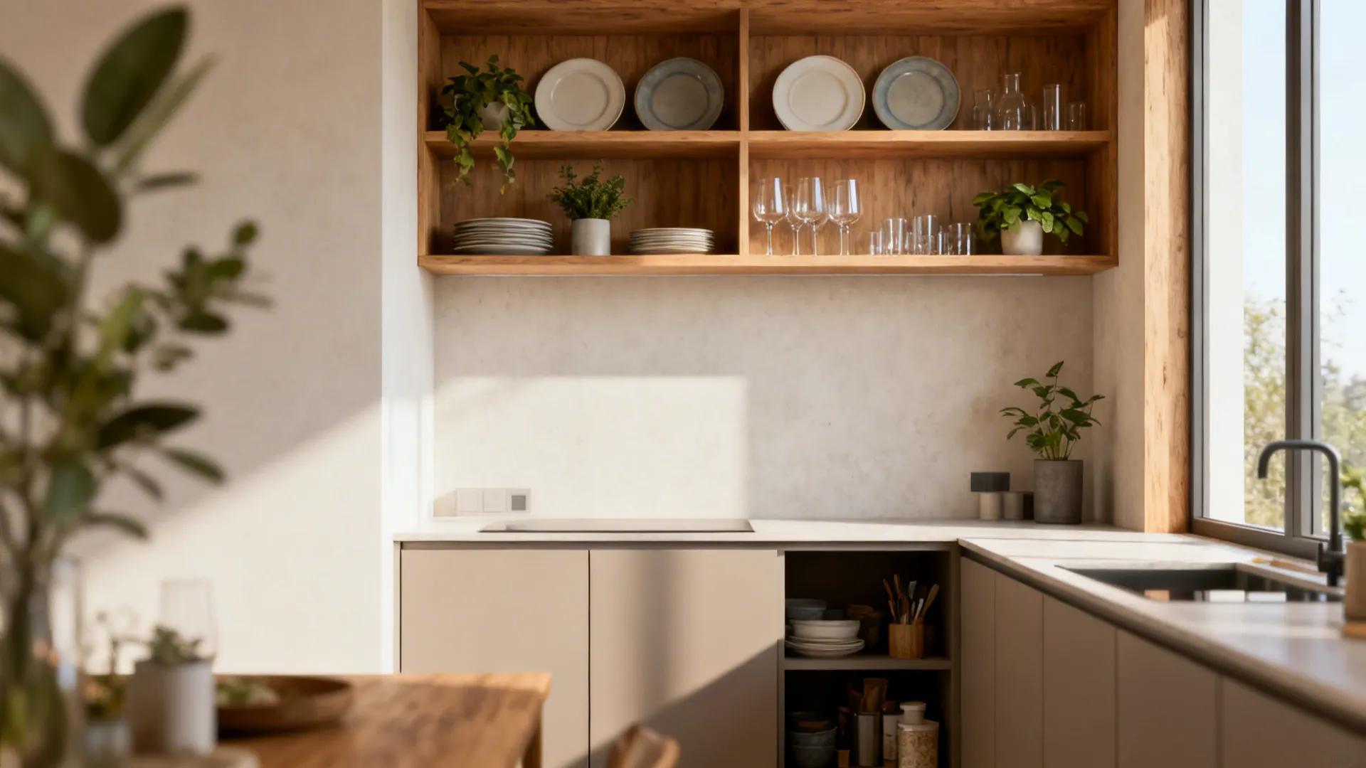 Small kitchen wall with full-height open shelves above concealed lower cabinets, styled and airy.