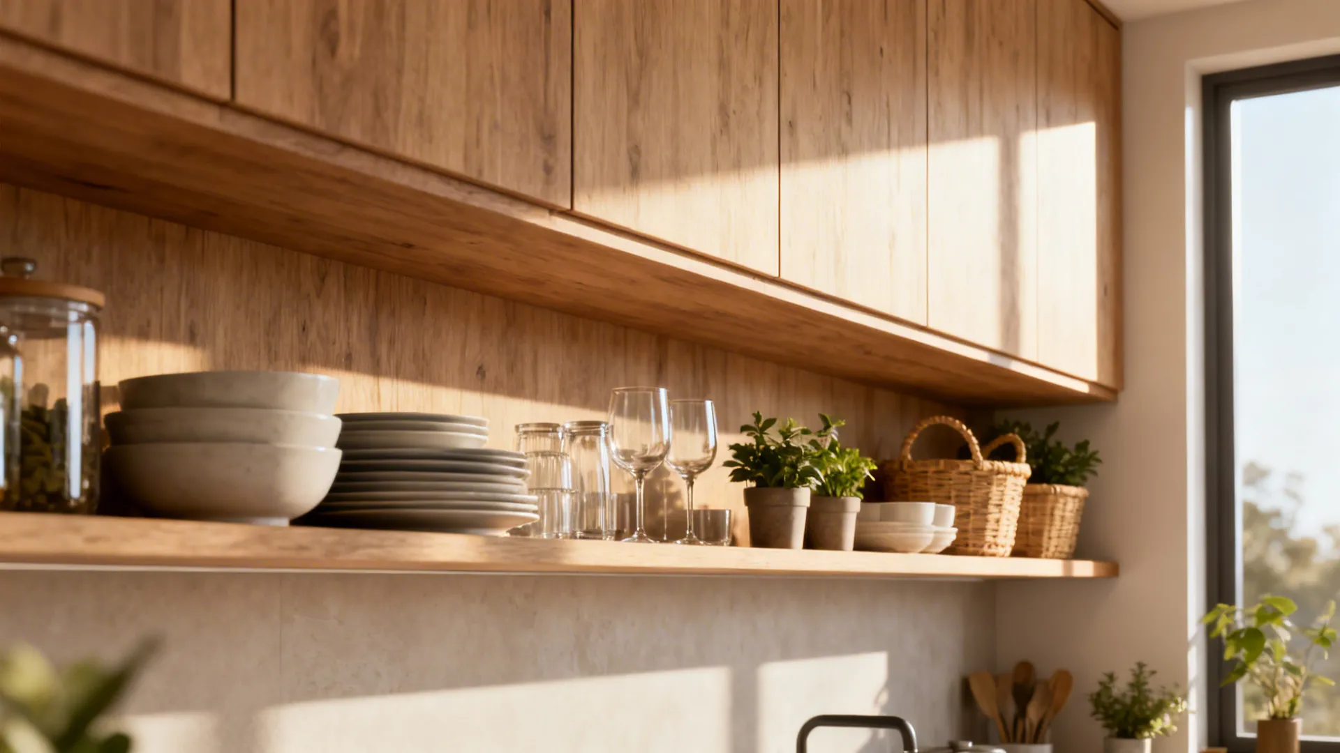 Kitchen wall with open wood shelving displaying neatly arranged dishes and plants