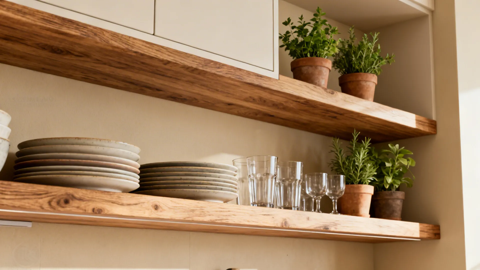 Kitchen open shelving replacing upper cabinet doors with neatly arranged dishes and plants.
