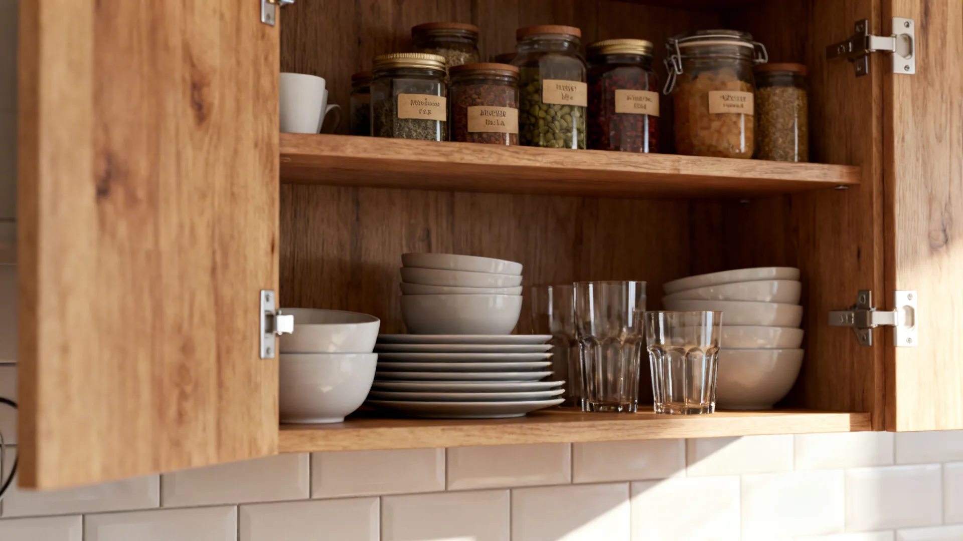 Open wooden kitchen shelves styled with dishes and jars to make the space feel larger.