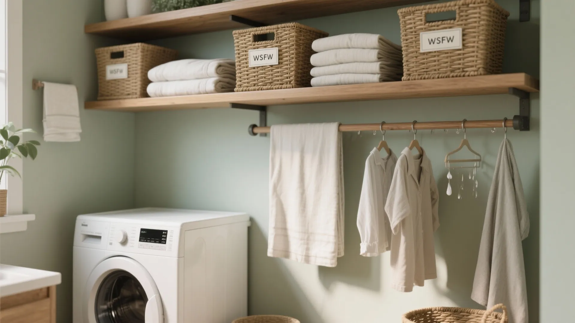 5. Open shelving, labeled baskets, and a retractable drying rod