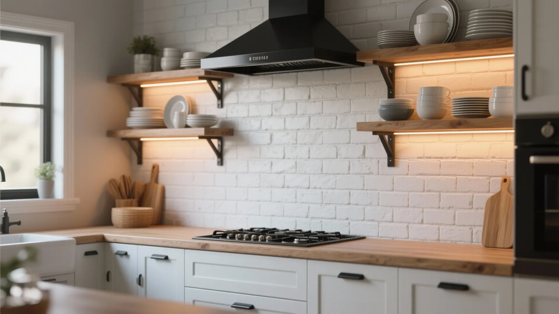 Kitchen featuring white brick wall black range hood wooden open shelves with lights and white cabinets