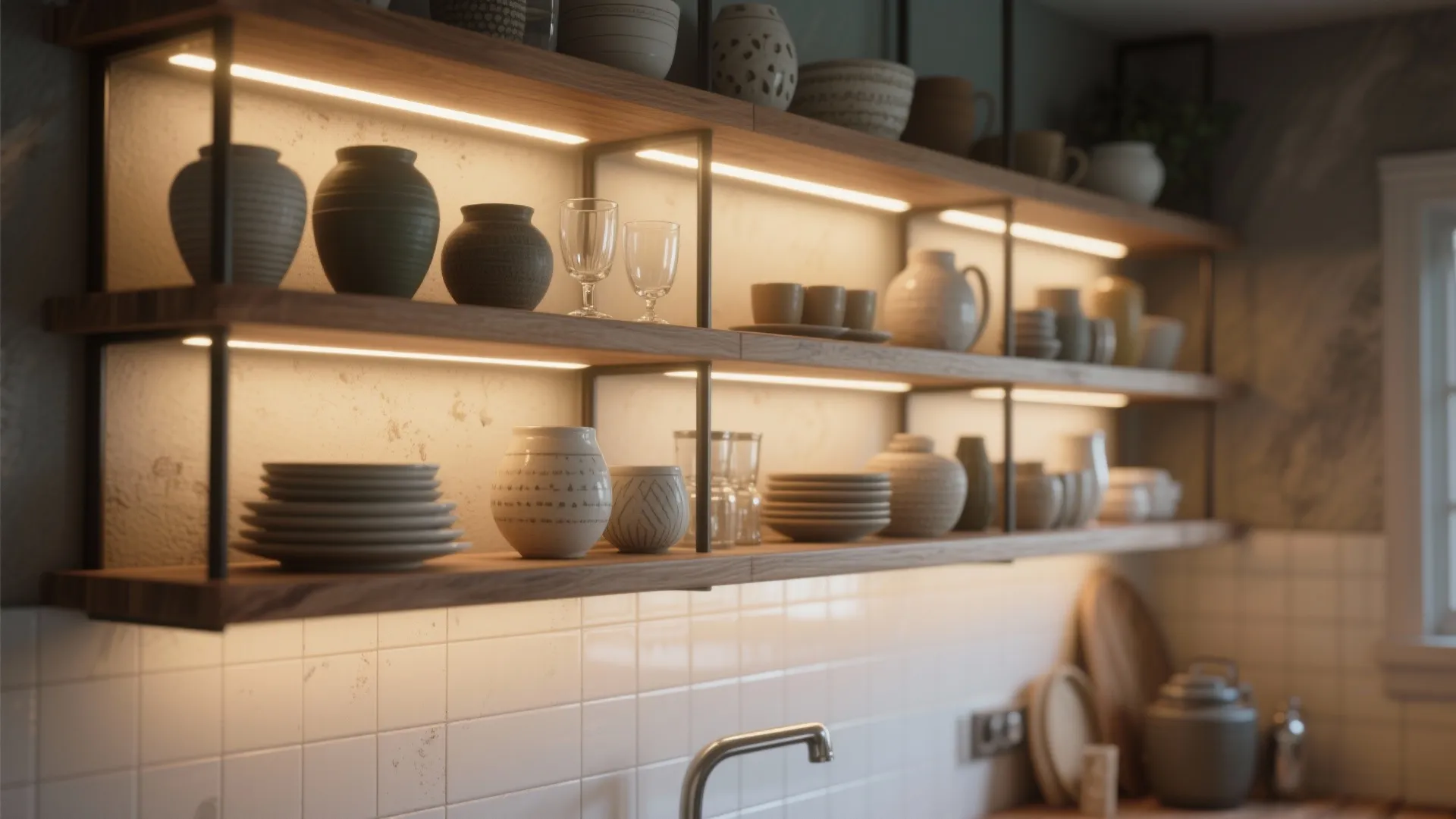 1. Open Shelving with Strategic Lighting